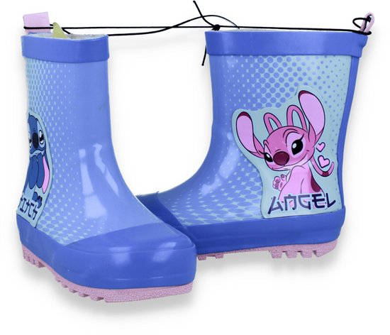 Lila regenlaarzen met een patroon van stippen en de personages Stitch en Angel.
