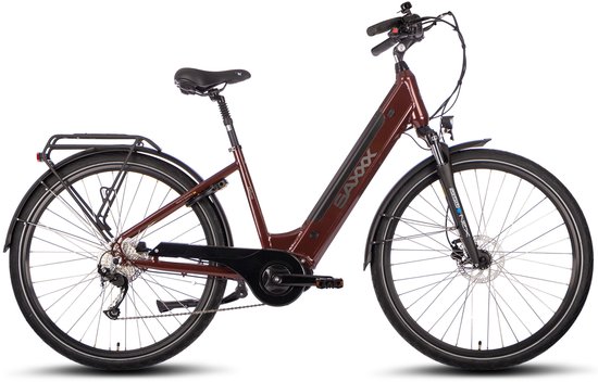 SAXXX Deluxe Sport Premium E-Bike -28 inch Elektrische Fiets -250W Borstelloze Middenmotor - 95% Vooraf Geassembleerd - 70Nm Koppel - 418Wh Geïntegreerde Accu - Shimano Alivio 9 Versnellingen - Hydraulische Schijfremmen - glanzend bordeauxrood
