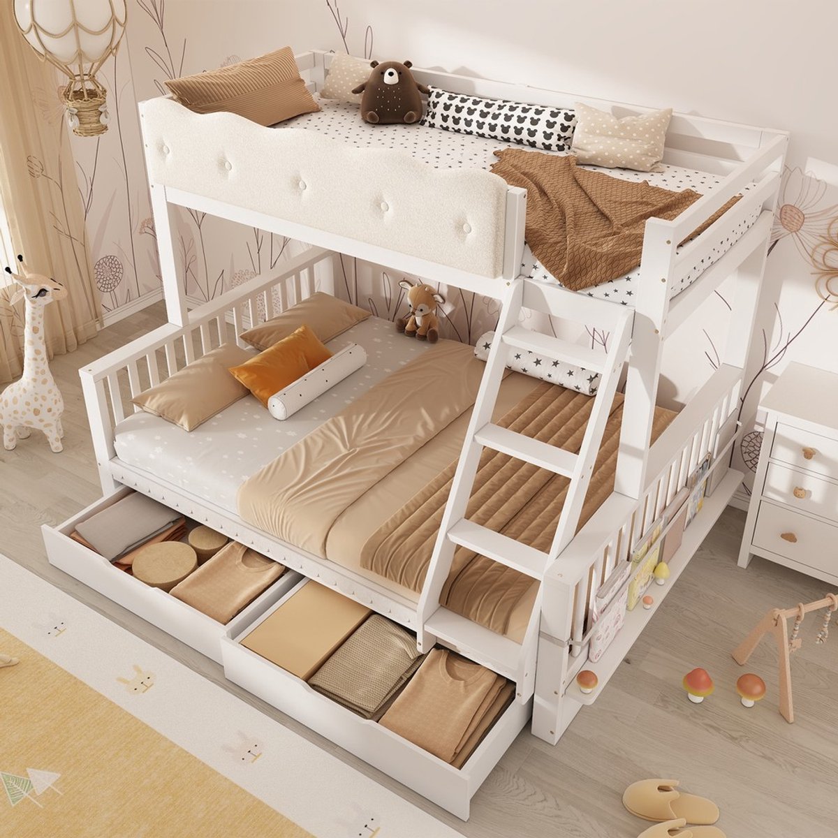 KOMHTOM Stapelbed - 90x200/140x200 cm - Wit Houten Kinderbed - Met Lades en Opbergruimte - Wolkenleuning - Valbeveiliging - Voor Kinderen en Volwassenen - Zonder Matras
