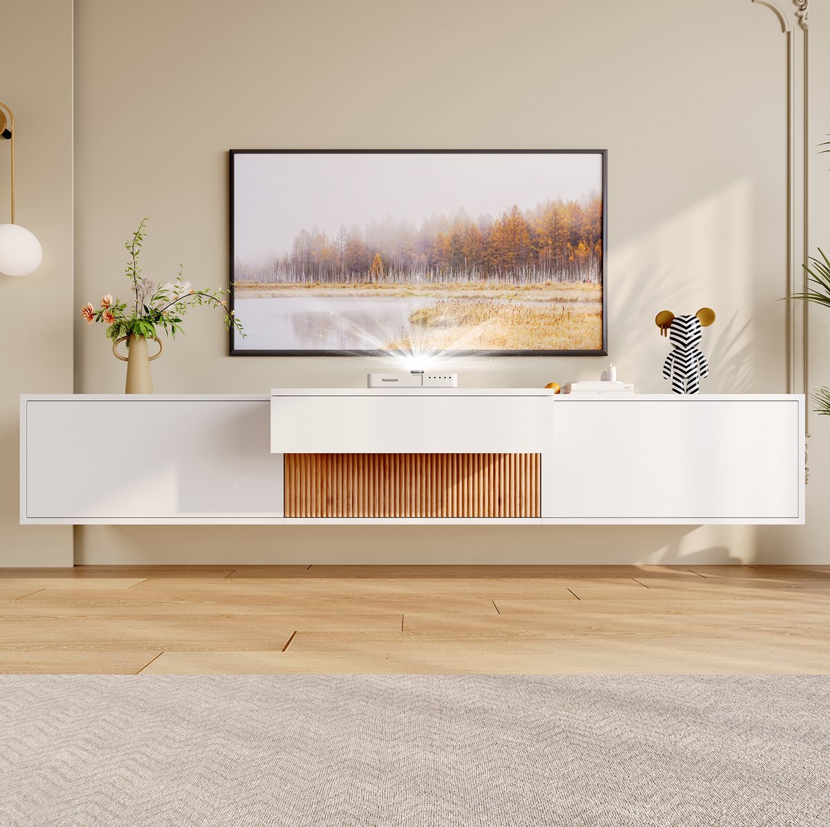 MEUNIQ TV-meubel 180 x 34 x 30 cm met uittrekbare projectorplank, kastdeuren en open vakken, wand- of vloermontage, wit met houtnerf voor woonkamer White