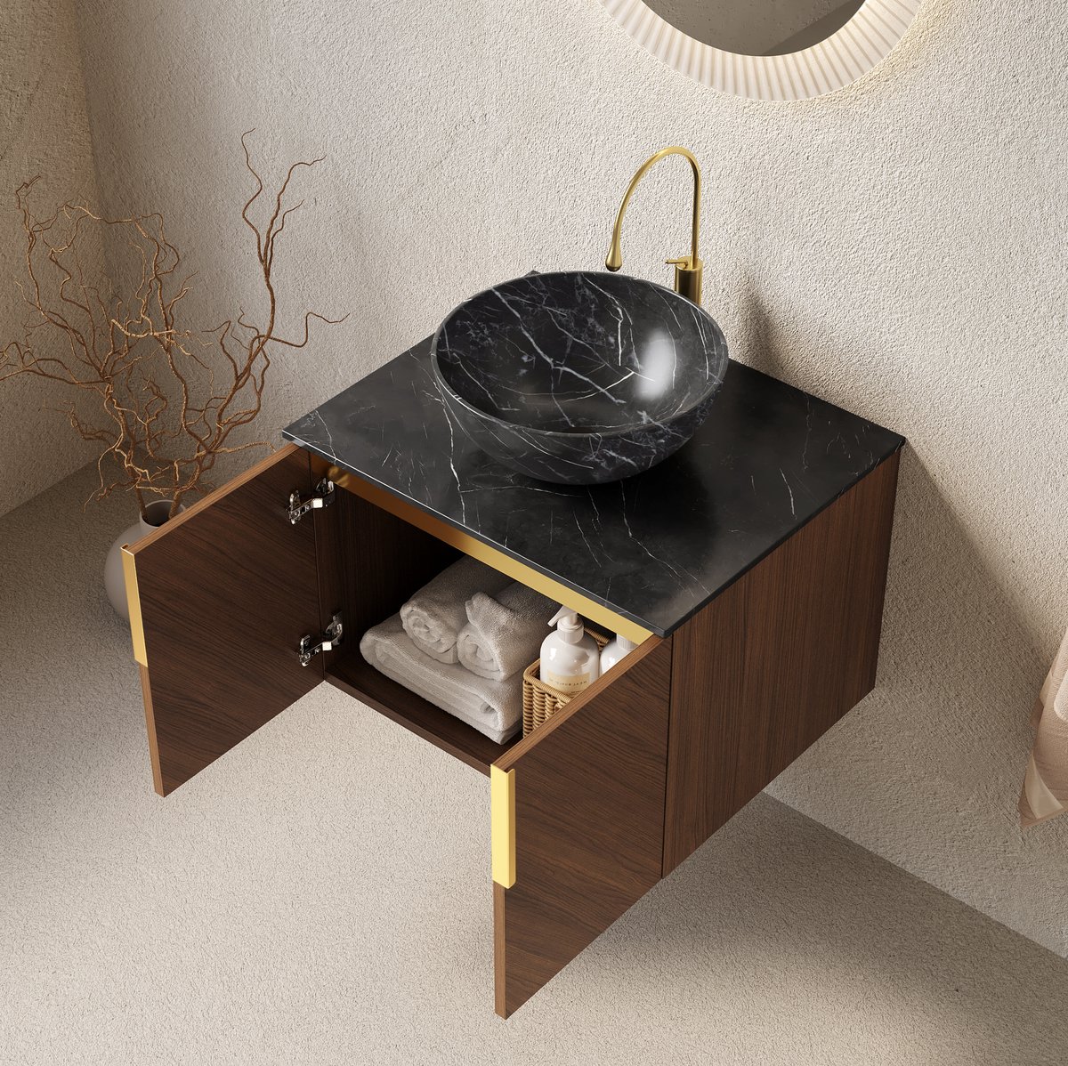 MIVRAY Badkamermeubel - Wandhangend Met Keramische Waskom En Soft Close - Voor Compacte Badkamer - Sintersteen En Multiplex - 61 Cm - Zwart