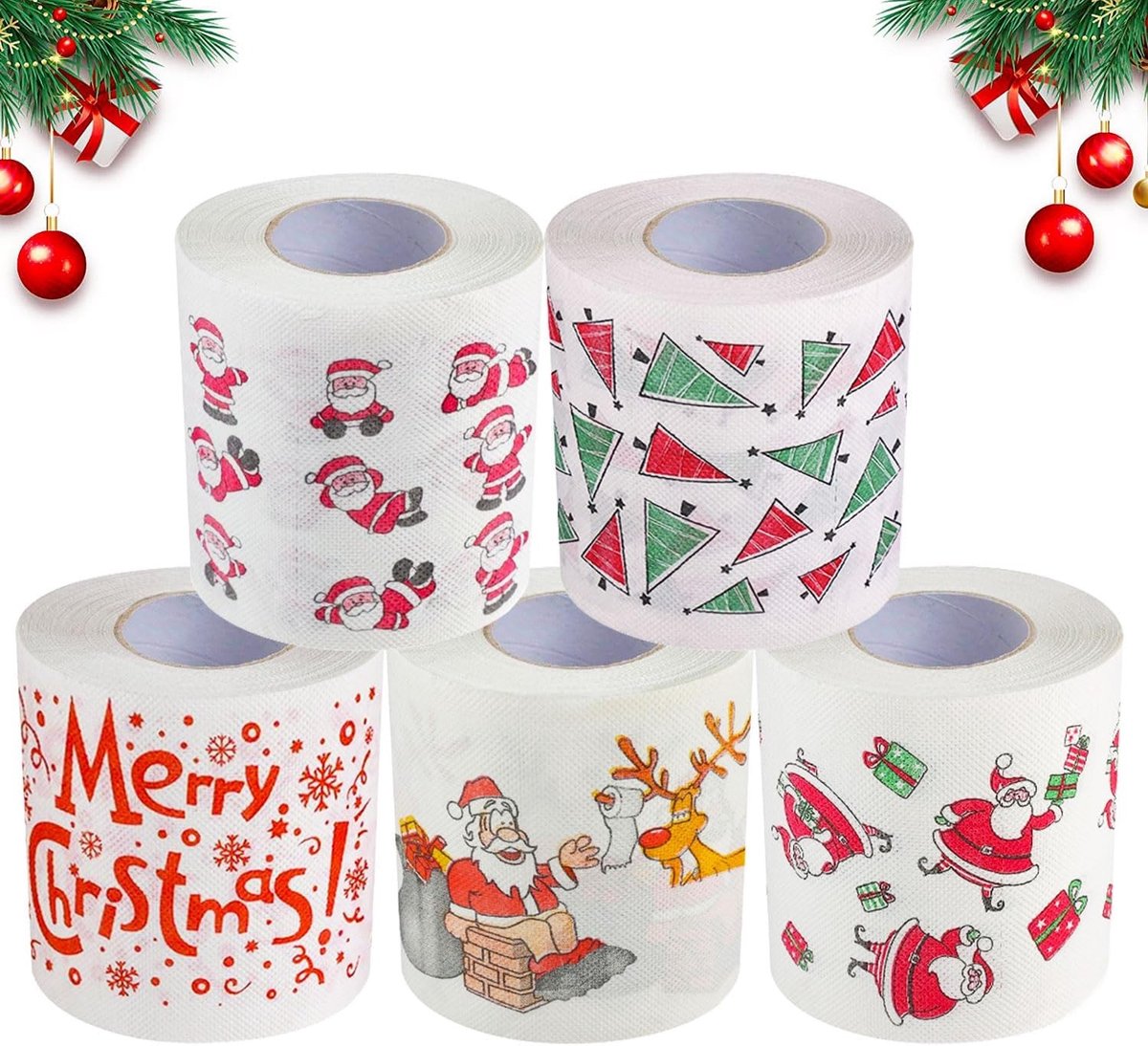 5 Rollen Kerst Toiletpapier met Grappige Motieven voor de Feestdagen, Perfect Cadeau voor Kerstmis en Decoratie