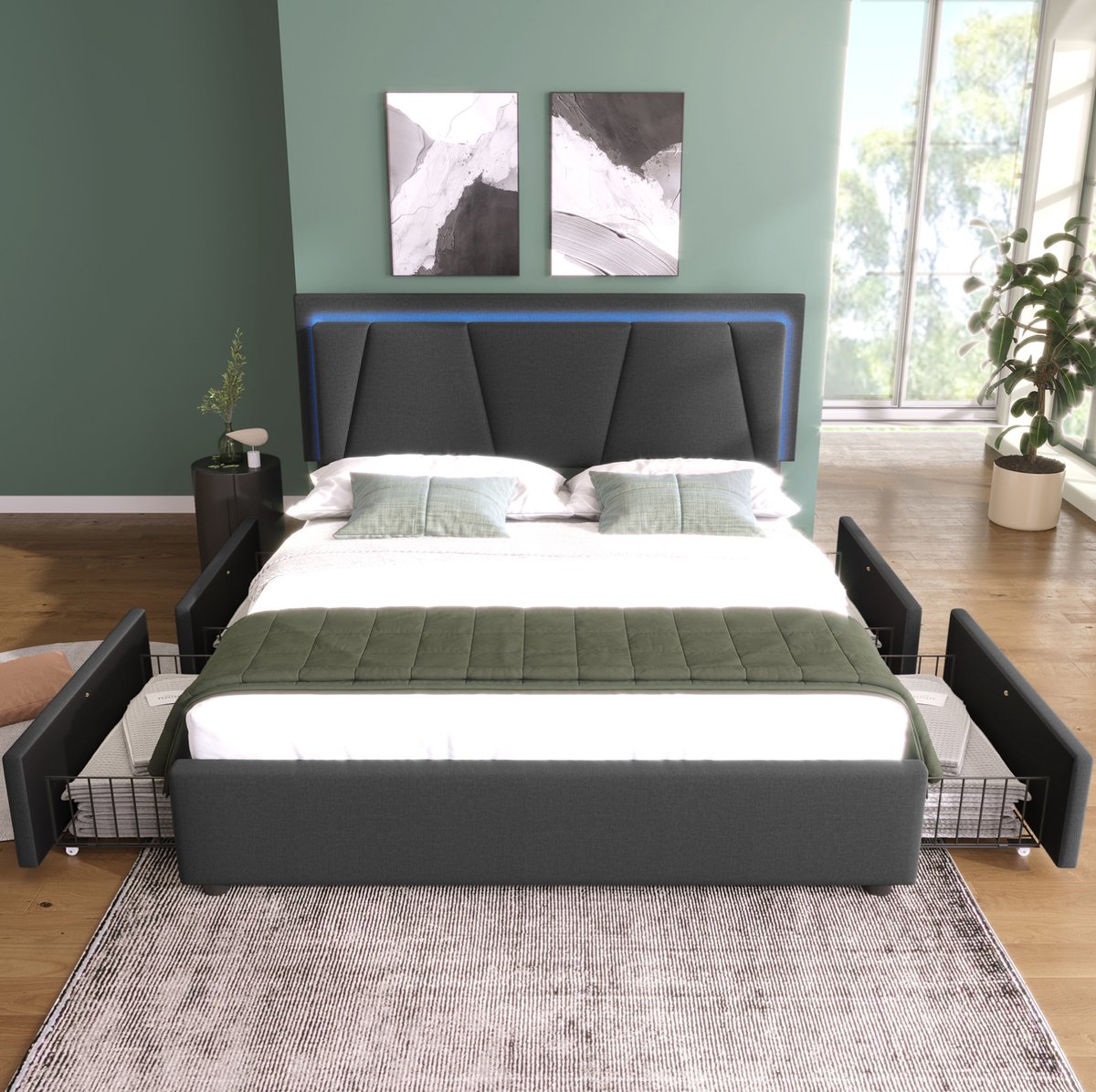 FloraGrace Gestoffeerd Bed 160x200 cm - LED-Verlichting en Verstelbaar Hoofdbord - 4 Laden - Tweepersoons - Stof - Grijs - Zonder Matras