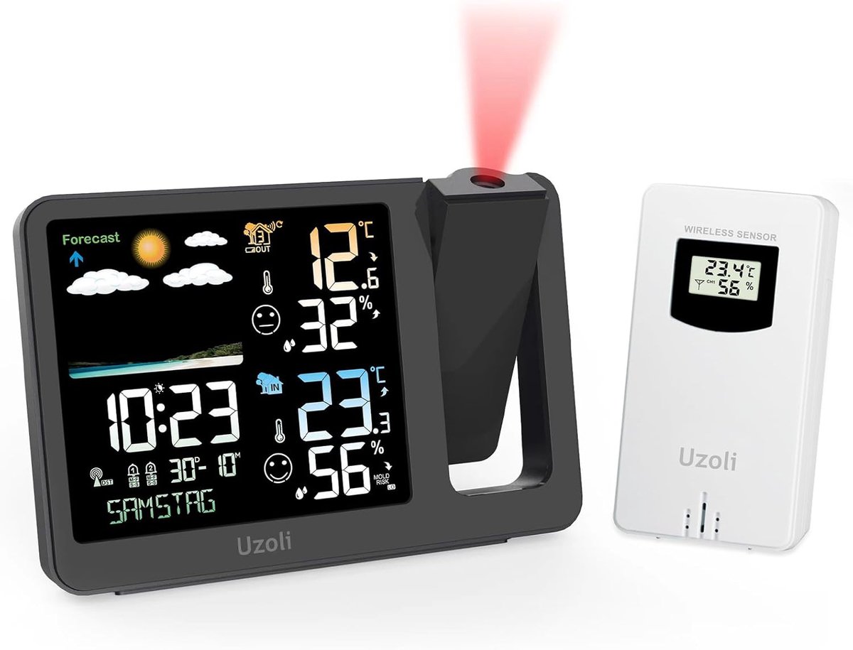 SnelShoppen - Digitale Wekker met Projectie, Radiogestuurde Klok, Weerstation met Thermometer, Hygrometer, Weersvoorspelling en Schimmelrisico - Voor