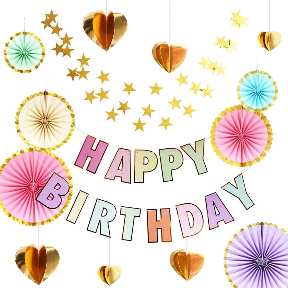 Dailygoods- Verjaardagsfeestdecoratieset - Happy Birthday-banner - 3D Papieren Waaiers - Hart/Ster Slingers - Decoratieve Achtergrond - Fotoaccessoires - Feestdecoratie