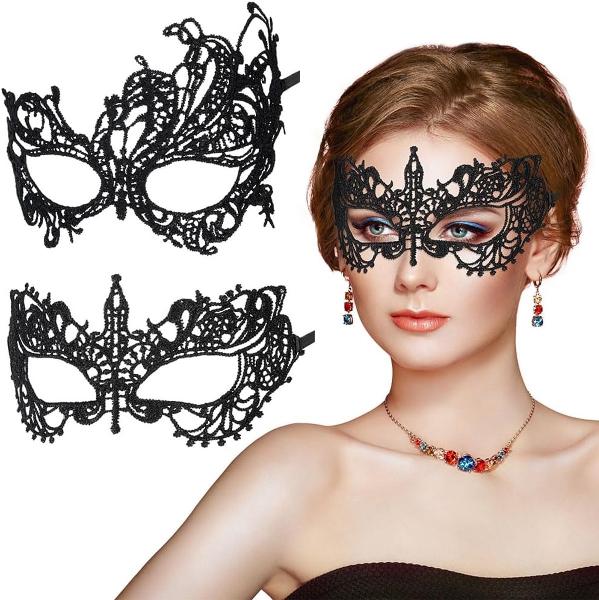 Thijox - Aomig Kanten Masker 2 Stuks - Zwart Sexy Oogmasker voor Dames - Perfect voor Halloween, Carnaval, Bruiloft, Maskerade en Avondjurk Dans Bal
