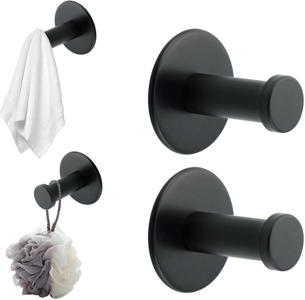 Dailygoods - Mooche 4 stuks zwarte kapstokhaken roestvrij stalen haken SUS304 wandhaken Heavy Duty met boren doek haak voor muur, badkamer, keuken, slaapkamer