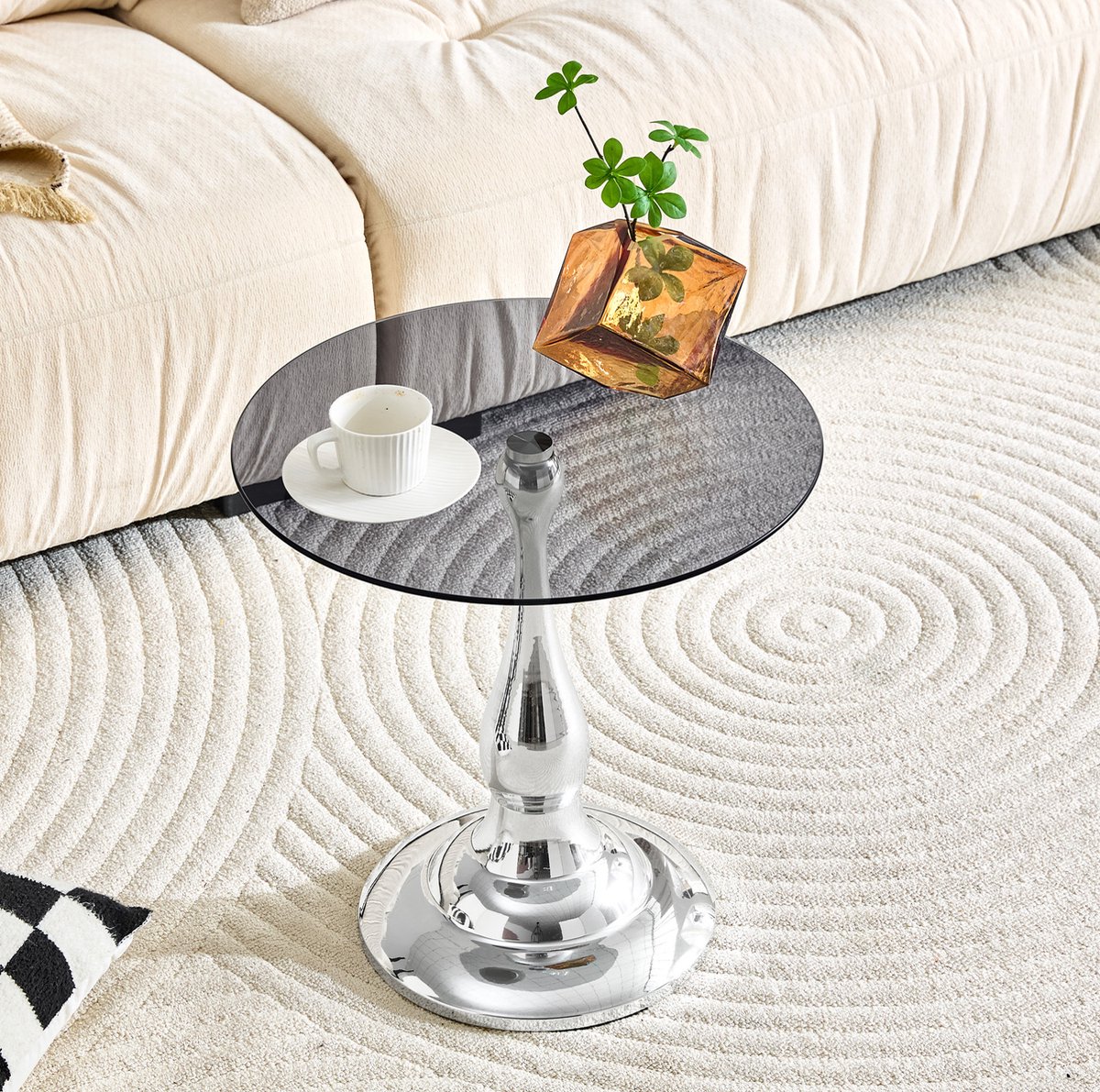 HAUSS SPOLE Bijzettafel - Ronde Gehard Glazen Tafel Met Stabiele Metalen Voet - Voor Woonkamer En Slaapkamer - Glas En Metaal - 50 x 51,5 Cm - Zilver