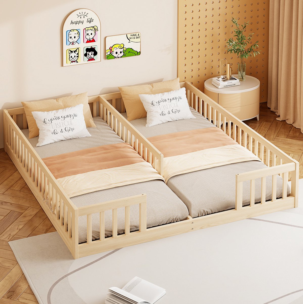 MEUNIQ Kinderbed 204 x 187 cm met 2 slaapplaatsen van 90 x 200 cm, veiligheidshekken en lattenbodem, laag vloerbed voor kinderkamer, naturel