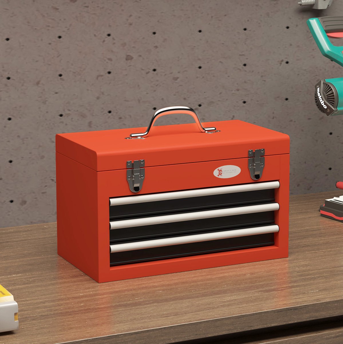 MEUNIQ gereedschapskist met 3 lades en bovenvak 45 x 24 x 27 cm lege stalen gereedschapskoffer met handgreep en 2 sluitingen rood