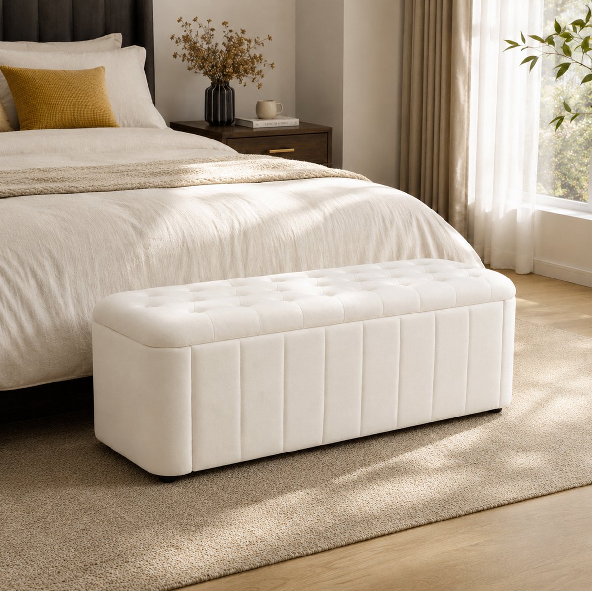 HAUSS SPOLE Bankje - Velours Opbergbank Met Gecapitonneerde Zitting - Voor Slaapkamer Woonkamer En Hal - Beige - 132 Cm