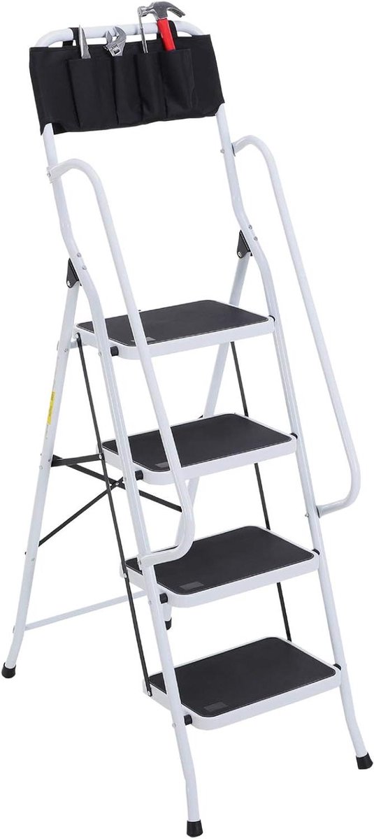 Inklapbare Trapladder - Stevig Hulpstuk - Huishoudelijke Klussen - Geïntegreerde Gereedschapstas - 4 Treden - Wit Zwart