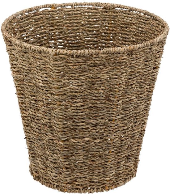 Ronde open afvalmand van gevlochten zeegras in een natuurlijke bruine kleur.