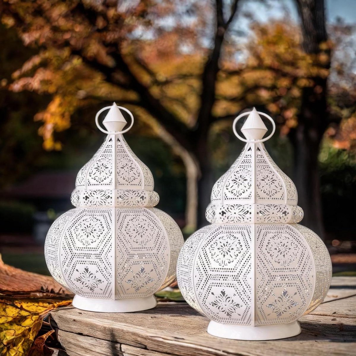 Oosterse Lantaarns Set - Metalen Windlichten - Sfeerverlichting Binnen - Handgemaakt Kunsthandwerk - 28 cm Hoog - Wit