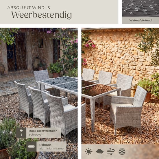 Grijze wicker tuinset met glazen tafel in de regen en zon, met roestvrijstalen schroeven.