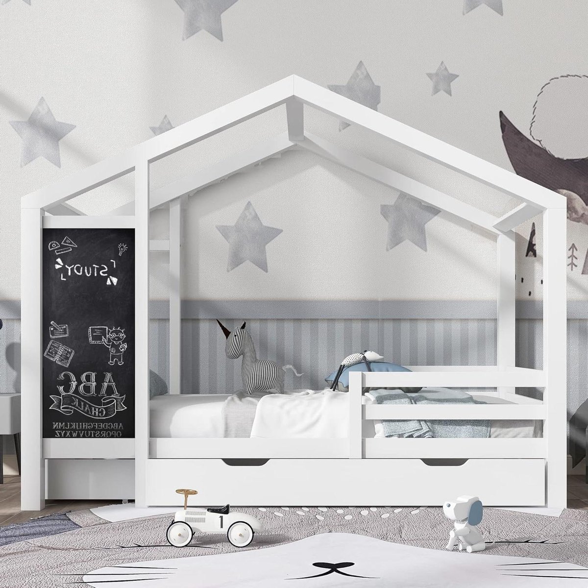 Kinderbed met Tafel en Laden - Wit Huisbed voor Kinderen 90 x 200 cm