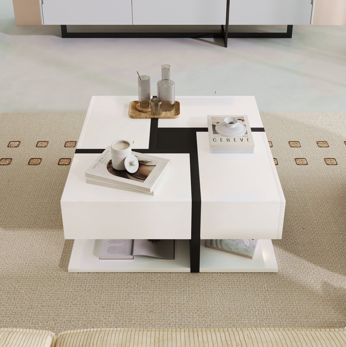 HAUSS SPOLE Salontafel - Hoogglans Vierkante Tafel Met 4 Lades En Opbergruimte - Voor Woonkamer - Spaanplaat - 78x78x36 Cm - Wit En Zwart