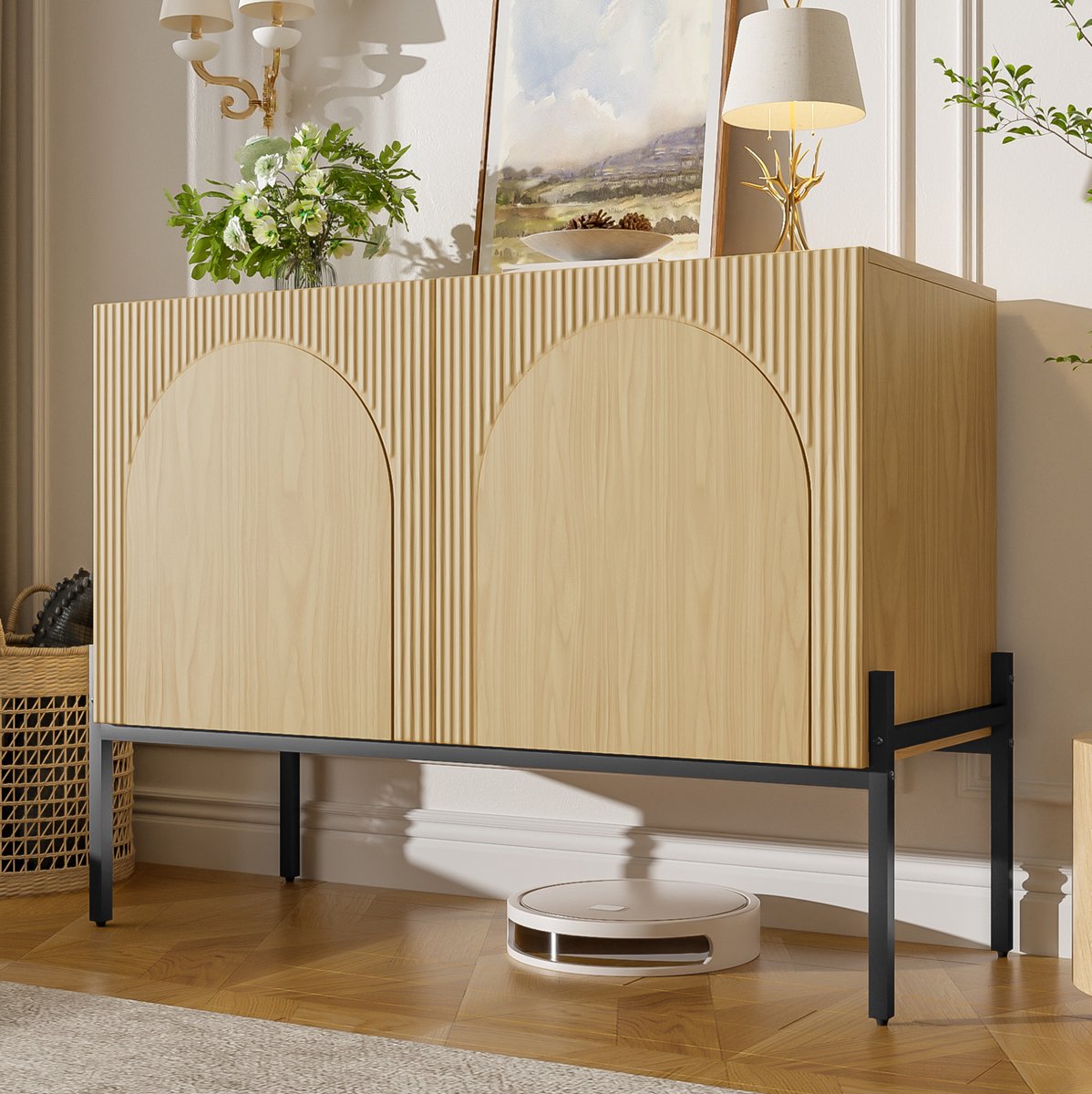 STILVORA Dressoir - Modern Boogdesign Met Verticale Lijnen - 2 Deuren Voor Woonkamer En Hal - Spaanplaat En Metaal - 100x40x75 Cm - Naturel