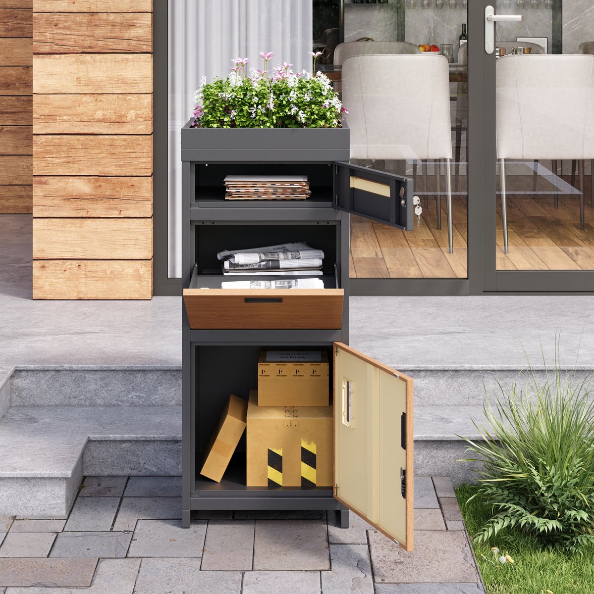 MIVRAY Pakketbrievenbus Met Bloembak En Cijferslot - Afsluitbare Buitenpostbus Voor Tuin En Entree - Staal - Grijs Houtlook - 50 Cm