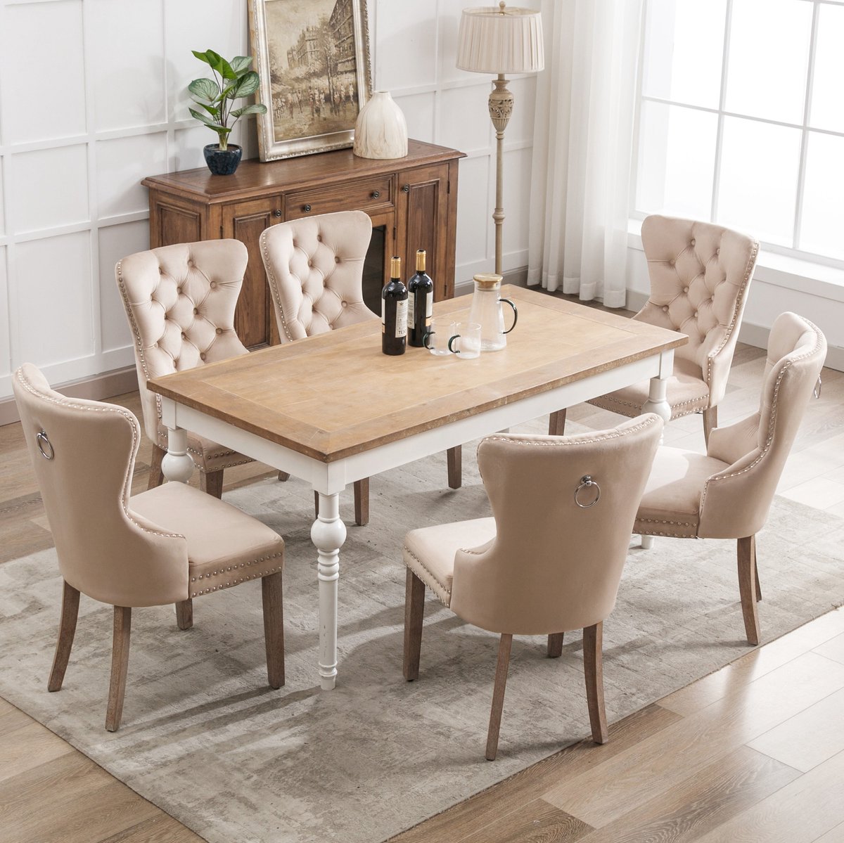DESMIU Eetkamerstoel Set Van 6 - Gecapitonneerd Met Nagelkopbeslag En Ruggreep - Voor Eetkamer En Woonkamer - Velvet - Beige