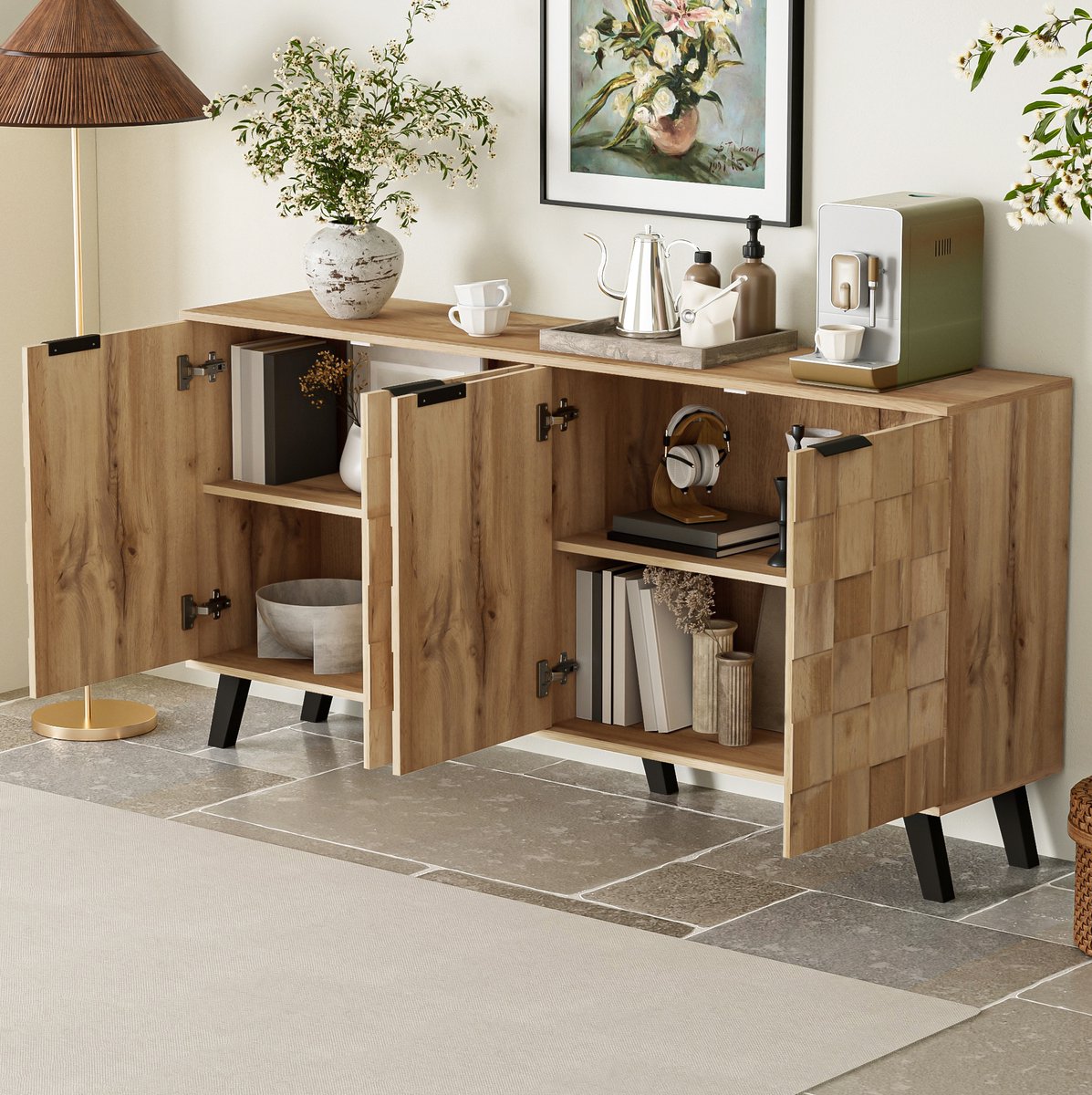 HAUSS SPOLE Dressoir - 4 Deuren Met Verstelbare Planken - Voor Woonkamer En Slaapkamer - Spaanplaat - 160,5x35,5x78 Cm - Houtkleur