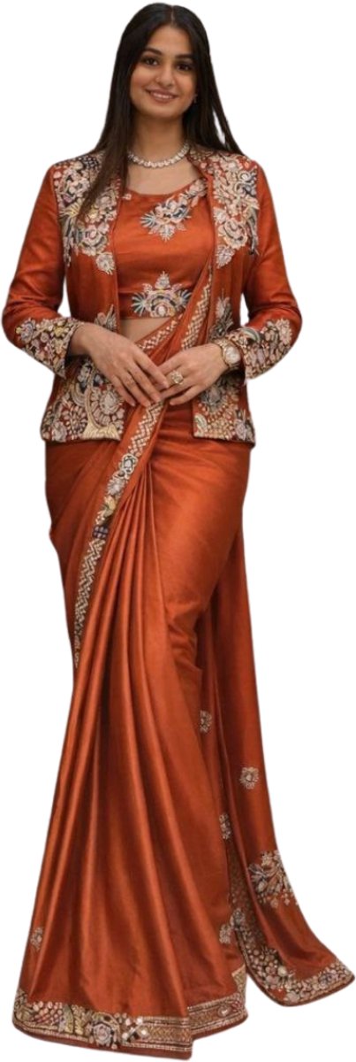 Simhera Threads Women's Rust Orange Designer One Minute Saree -Mens and Womens Fashion-with Floral Embroidered Jacket