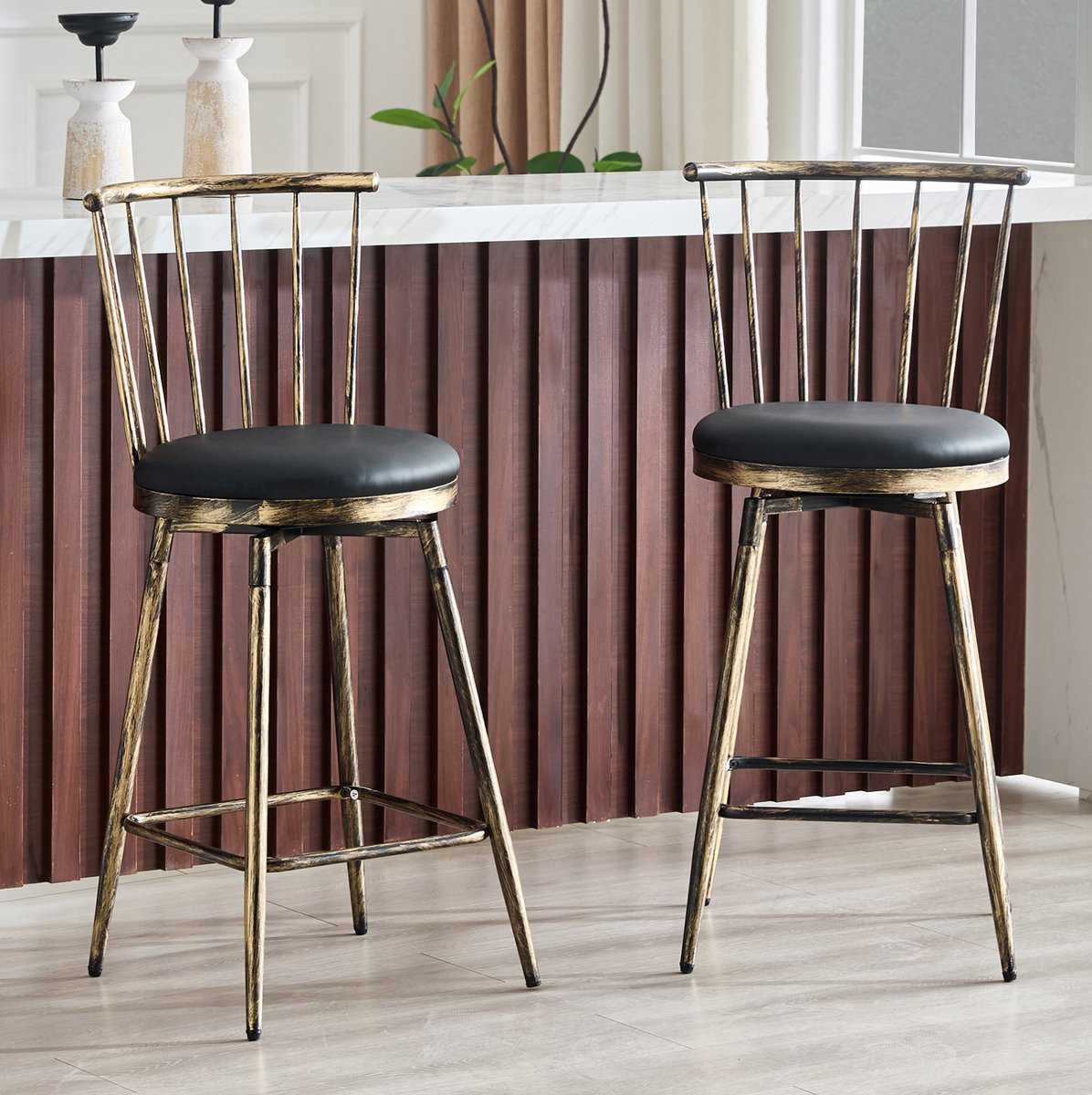STILVORA Barkruk 39 x 39 x 96 cm - Windsor Stijl Met Rugleuning En Gewatteerde Zitting - Voor Keukeneiland En Bar - Metaal En Kunstleer - Zwart Bruin
