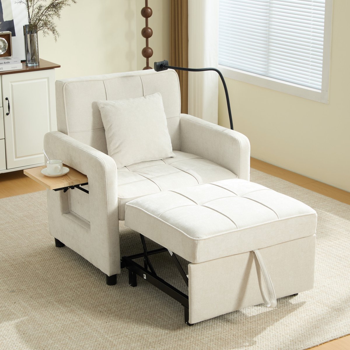 FloraGrace Relaxfauteuil 167 x 79 x 83 cm - 2-in-1 Slaapfauteuil Met Verstelbare Rugleuning, Kussen En Opbergruimte - Chenille - Beige