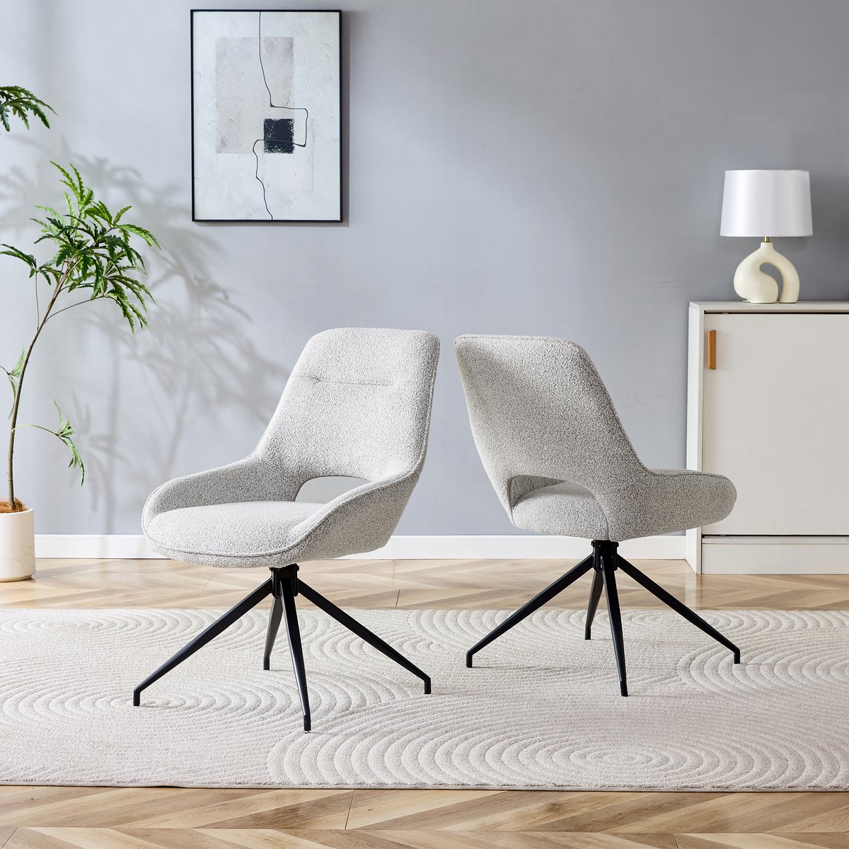 Eetkamerstoelen - Draaibare Stoelen - Stoffen Stoelen-Moderne Stoelen – 360 Graden –Ademende Stof – Zwart Metaal - Vier Poten - Eetkamer - Standaard- Set Van 2-Beige Grijs