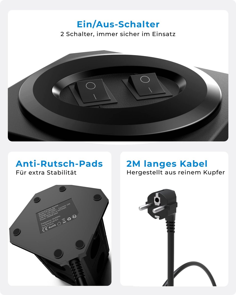 SnelShoppen - 12 Voudige Stekkerdoos met Schakelaar - 4 USB Laders - 8 Stopcontacten voor Thuis, Kantoor, Camping, Keuken, Zwart