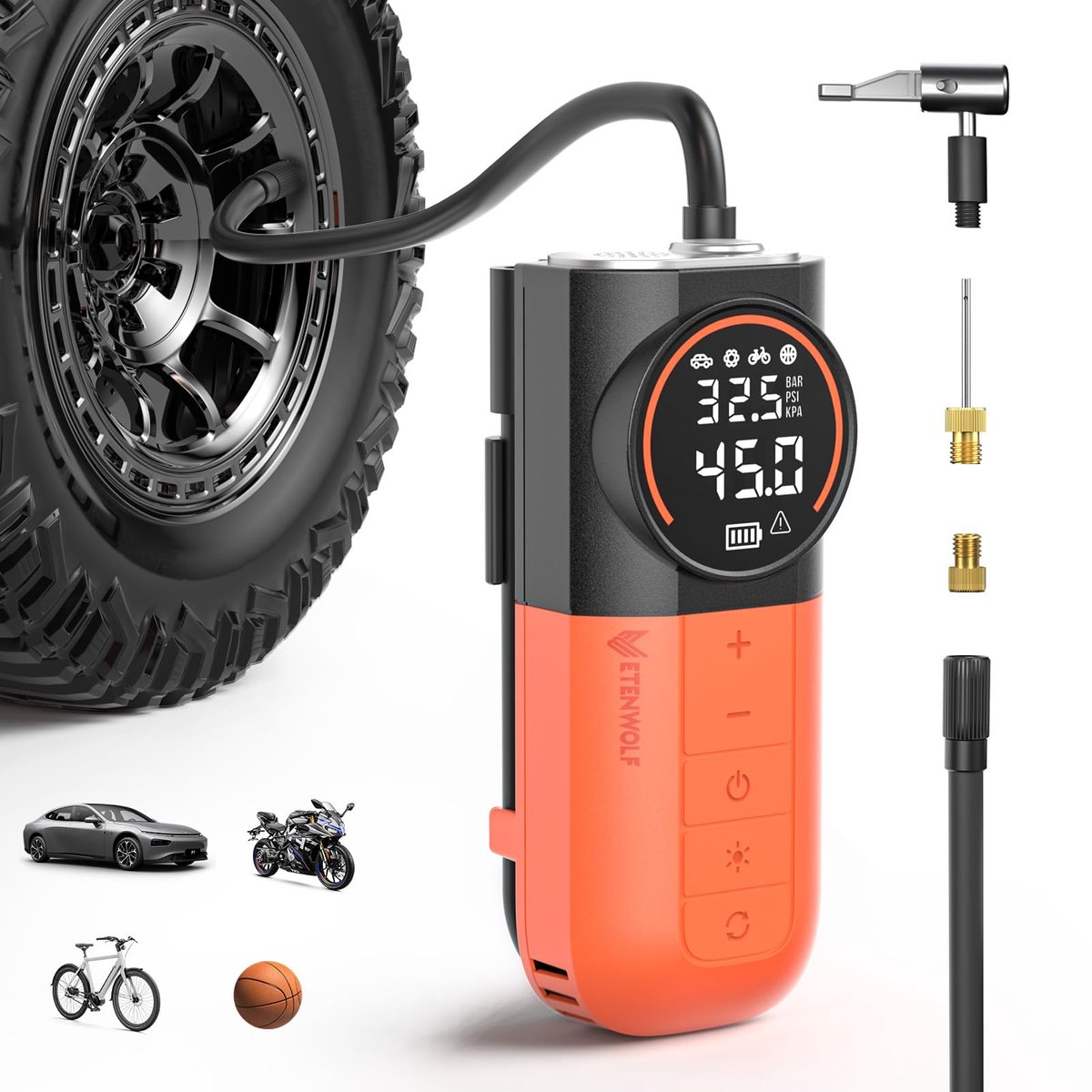 SnelShoppen - ETENWOLF S1 Bandenpomp Compact, 11 Bar Luchtcompressor voor Autobanden, Fietsen, Ballen, Motorfietsen met LED-Licht en Digitale Manomete