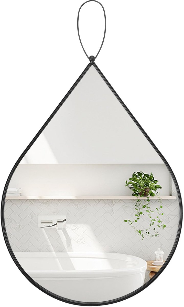 SnelShoppen - Zwarte wandspiegel met metalen lijst, unieke druppelvormige wanddecoratie, onregelmatige grote spiegel voor woonkamer, slaapkamer, entre