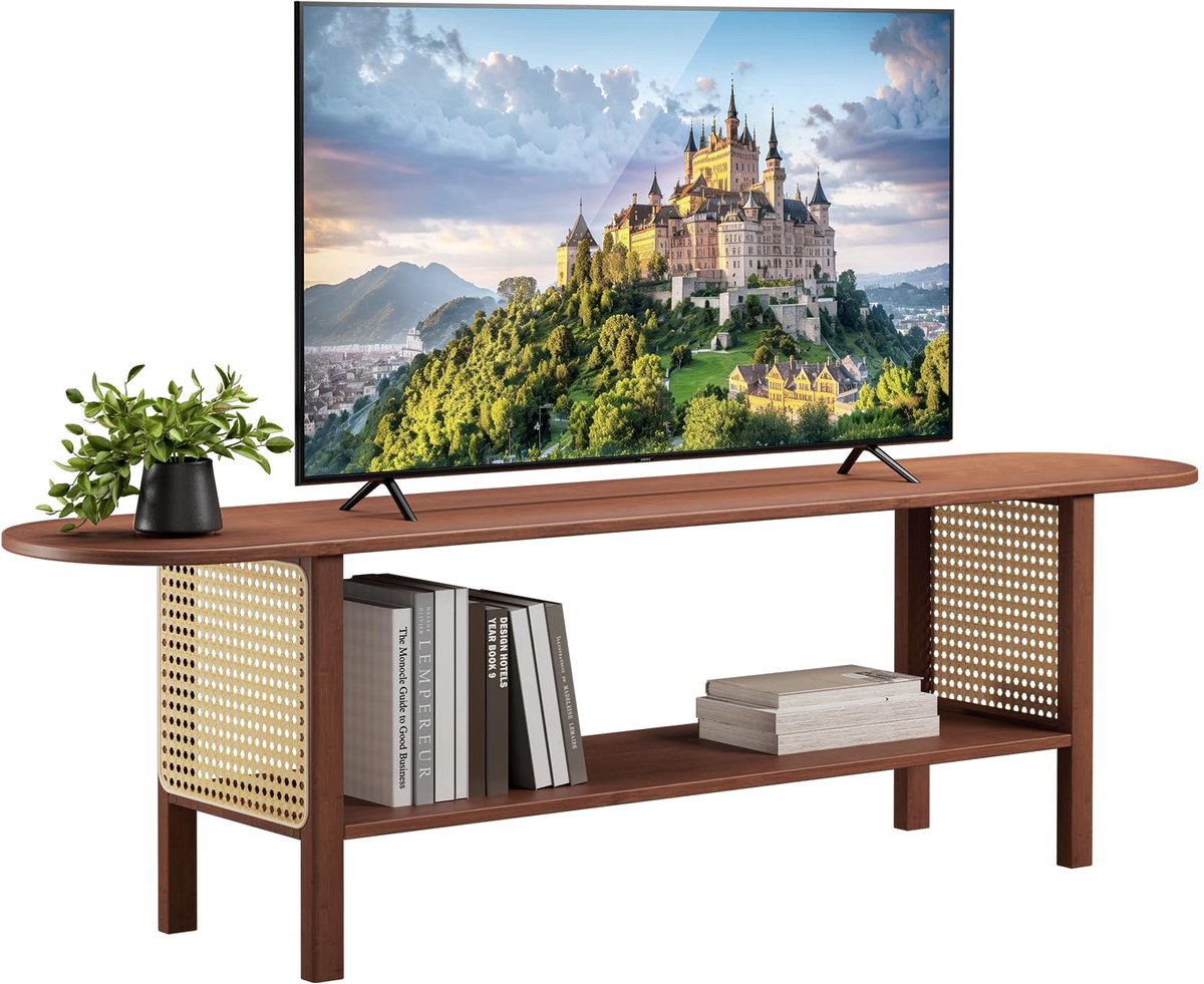 SnelShoppen - HollyHOME TV-tafel, lage TV-bank 140 cm, smalle TV-kast met rotan, bamboe TV-meubel voor woonkamer en slaapkamer, donker design voor mod