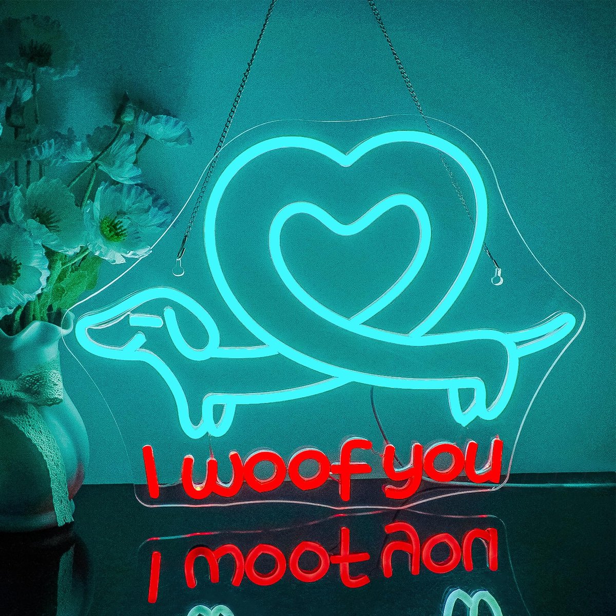 SnelShoppen - Looklight I Woof You Neonbord Teckel LED Neonlicht Hond met Hondenhart voor Kinderkamer, Feest, Bar en Dierenwinkel - Perfect voor Slaap