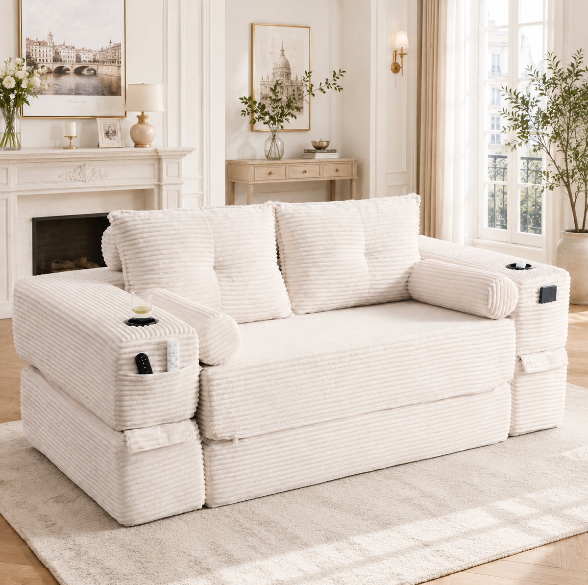 REDOM- Slaapbank - 2-zits - Corduroy bekleding - Opbergvakken en bekerhouder - Memory-kussens - Uitklapbaar - Woonkamer en appartement - Beige - 180 x 98 x 80 cm