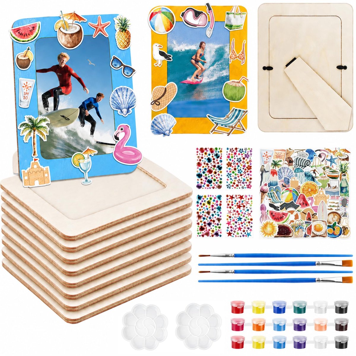 SnelShoppen - 8-delige set DIY fotolijsten hout voor knutselen – creatieve fotolijstjes om te schilderen, versieren met glittersteentjes en stickers,