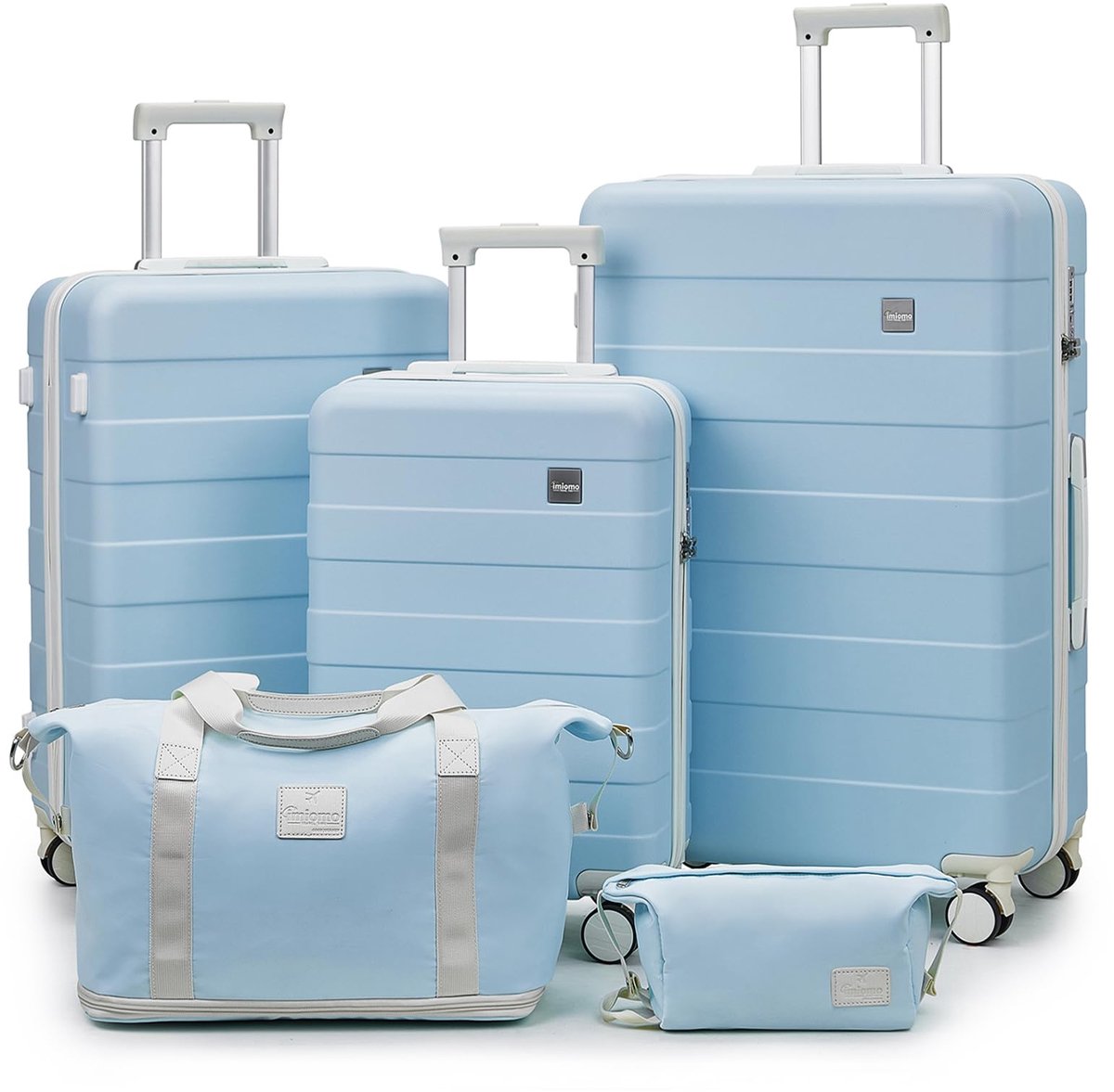 SnelShoppen - Kofferset Harde Reiskoffer ABS Trolley met 4 Wielen - 5-delige Set incl. Cosmeticakoffer en Draagbare Tas - Blauw - Ideaal voor Vakantie