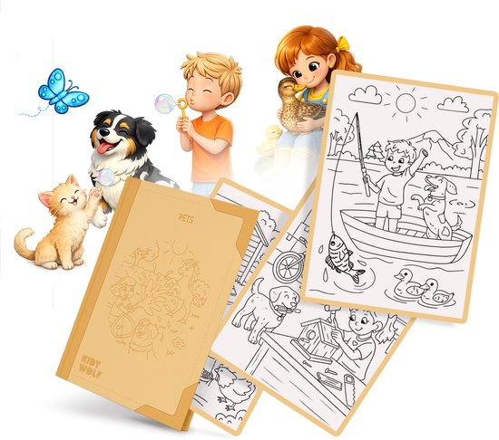 Gouden map met 'PETS' erop, omringd door getekende dieren. Stukjes tekenkaarten zichtbaar.