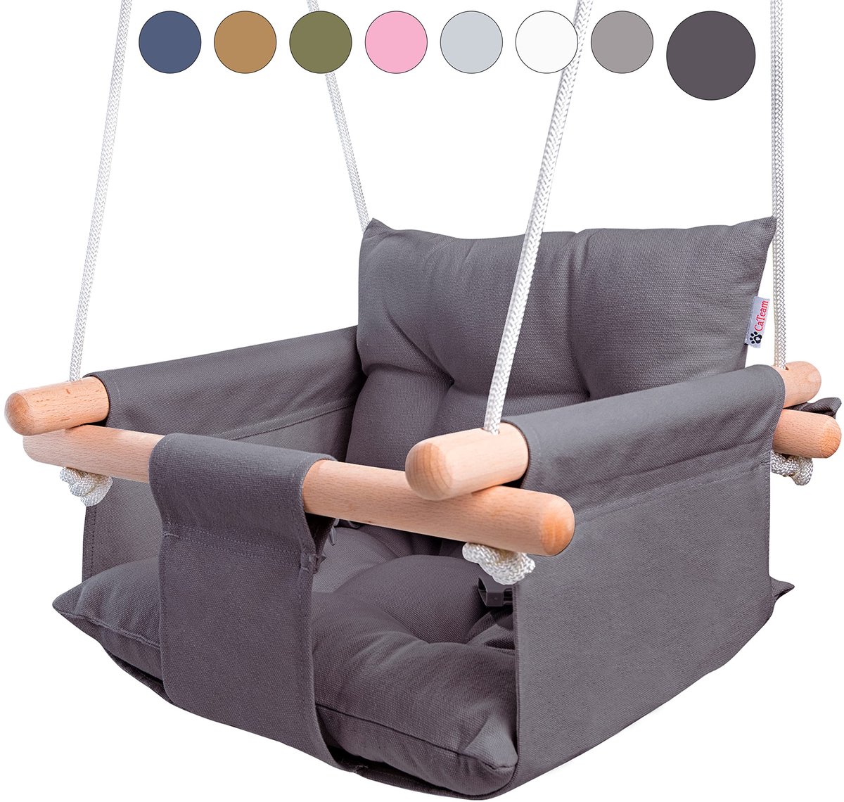 SnelShoppen - Canvas Babyschommel - Houten Hangende Schommelstoel met Veiligheidsgordel - Duurzame Babyhangstoel voor Binnen en Buiten - Donkergrijs -