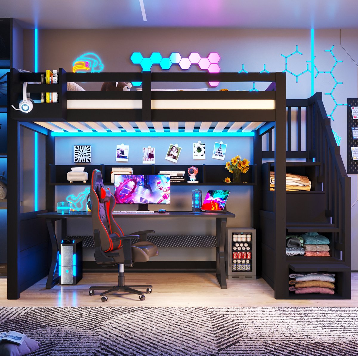 STILVORA Hoogslaper 90x200 cm Met Matras Of Zonder Matras Met Opbergtreden En Ledverlichting Voor Kinderkamer Van Hout En MDF Zwart