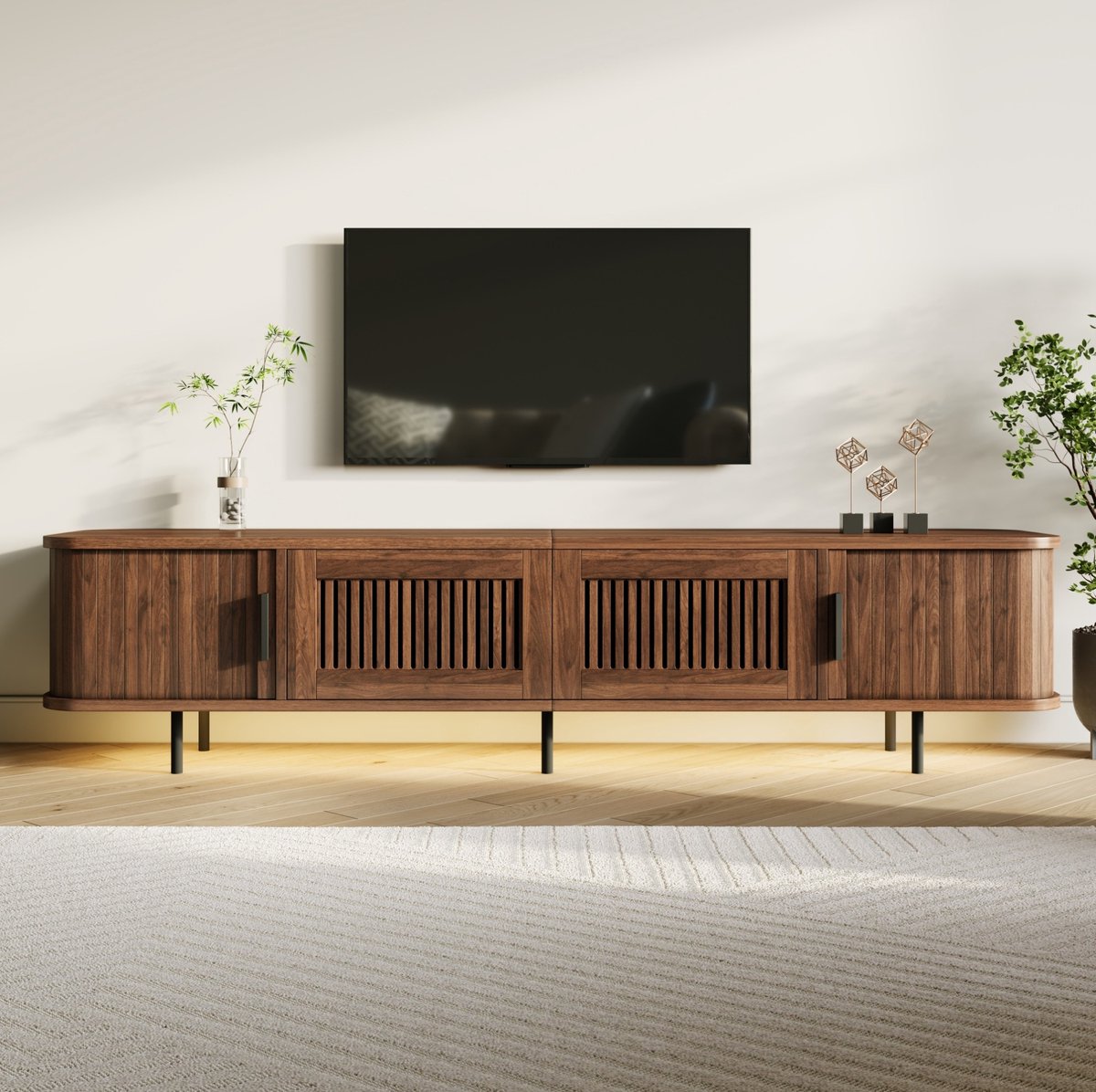 Wishdor Tv meubel - afgeronde hoeken - 2 lades en schuifdeuren - app led verlichting - kabeldoorvoer - walnoot - 180 x 40 x 44,5 cm