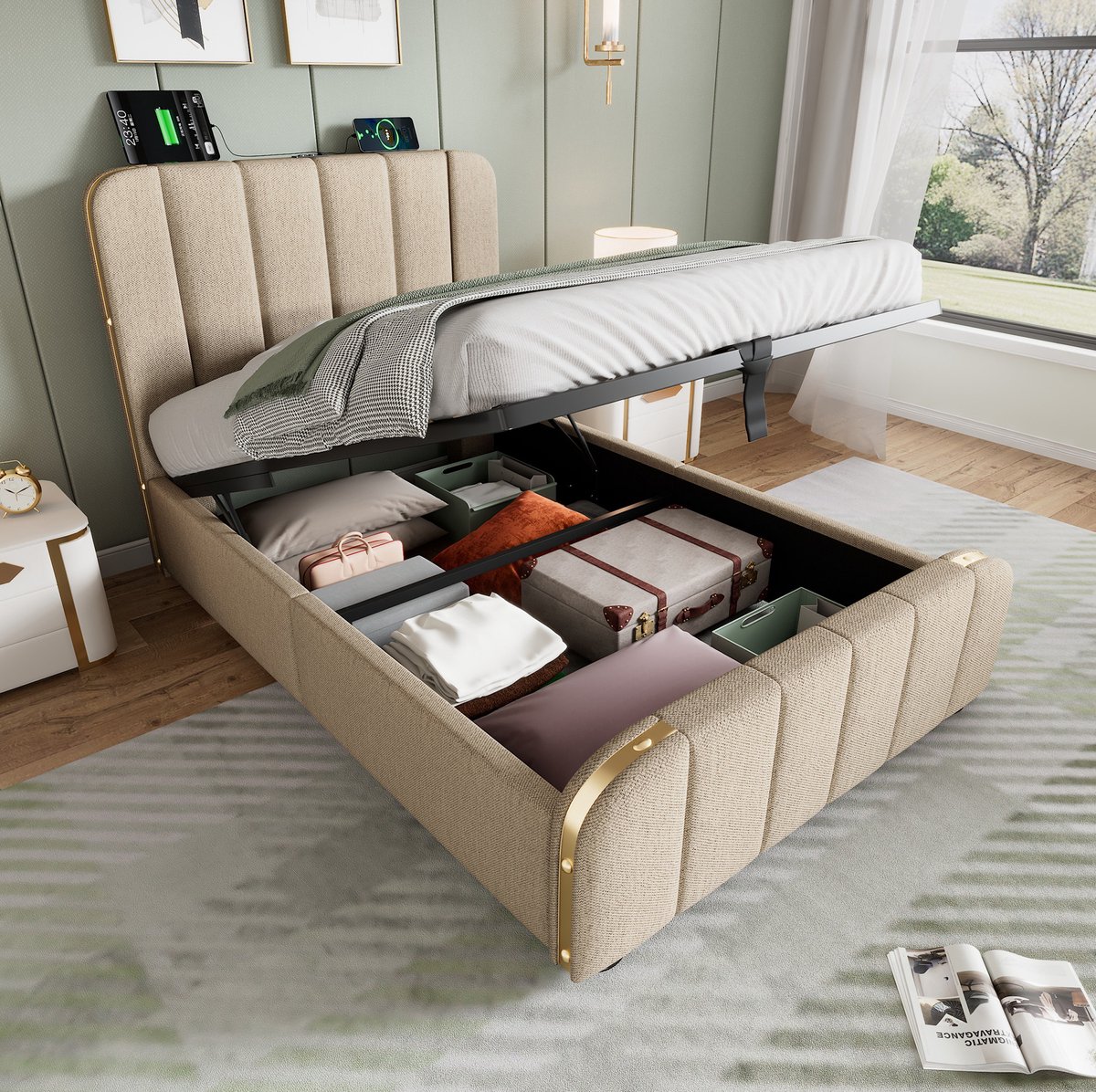 COVREO Bedbodem 90x200 cm - beige linnen, opbergruimte, zonder matras