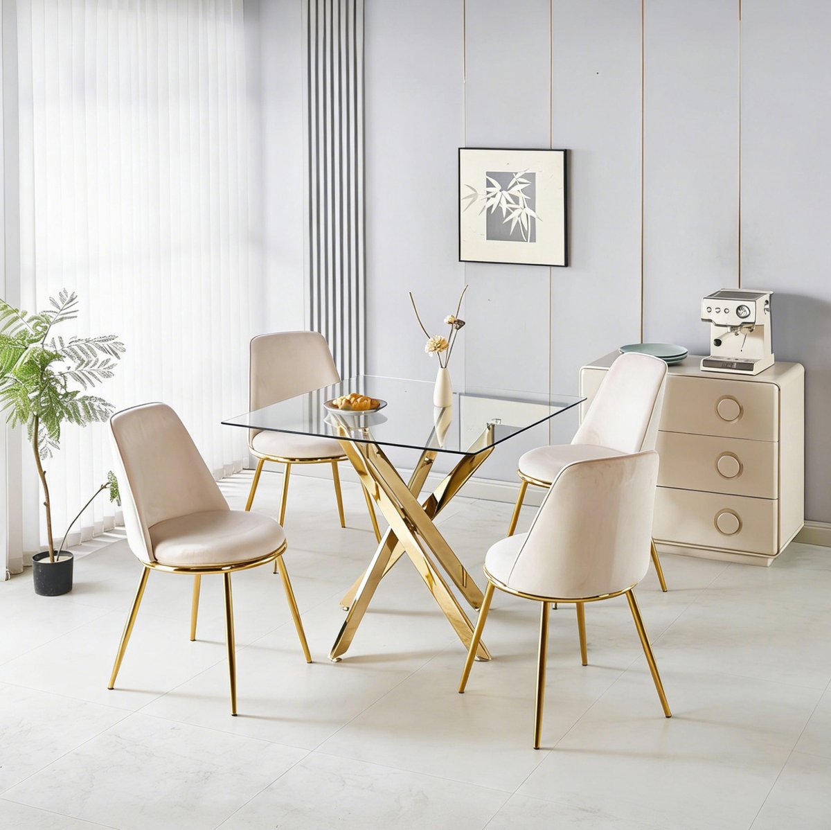 MEUNIQ 5-delige eethoek 1 tafel en 4 stoelen, 80 x 80 x 75 cm, glazen tafel met goudkleurige metalen poten en fluwelen stoelen met hoge rug