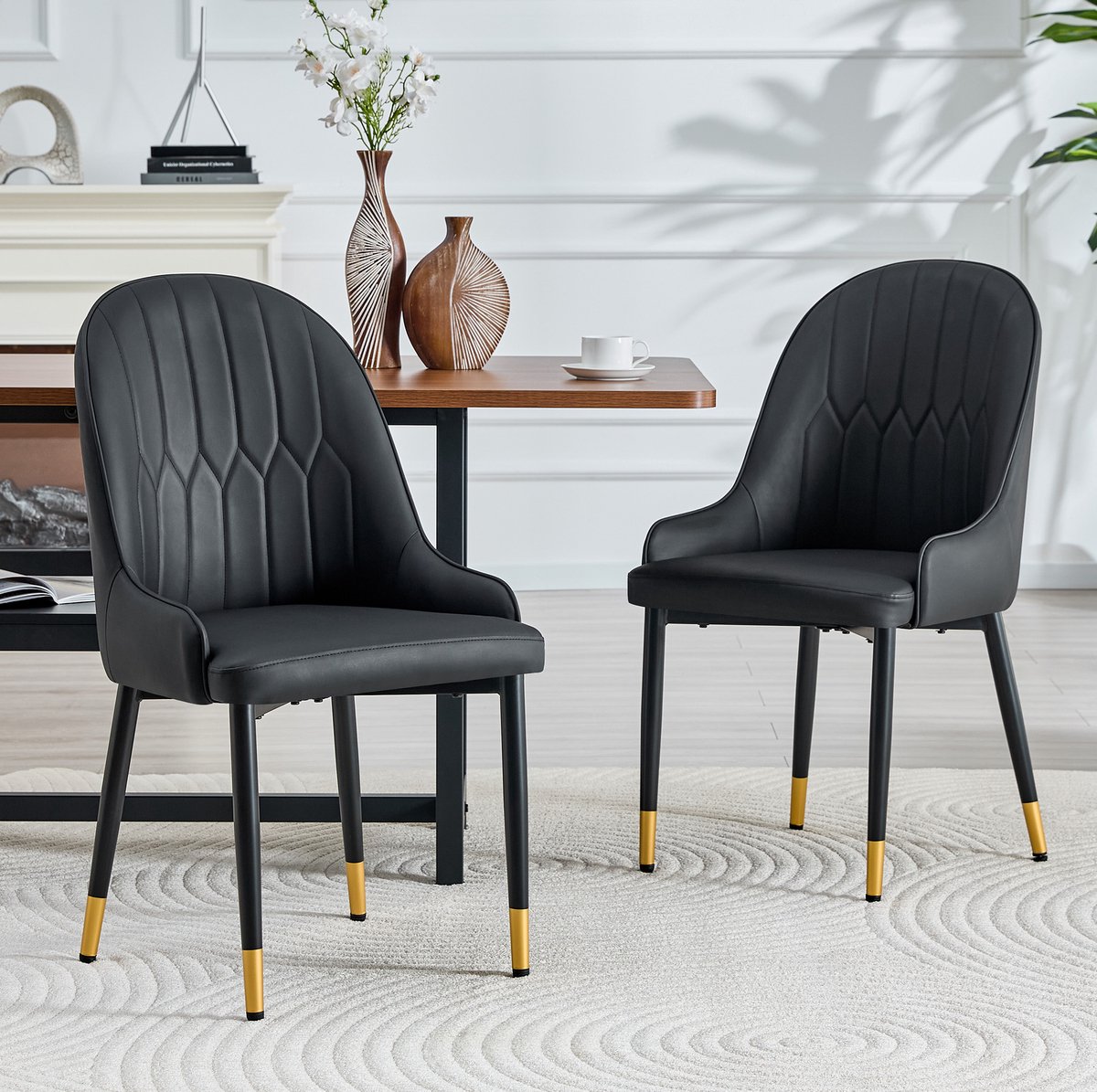 MEUNIQ 2-delige zwarte eetkamerstoelen met armleuningen, kunstleren bekleding, metalen poten, gestikt dessin en hoge rugleuning voor keuken en eetkamer