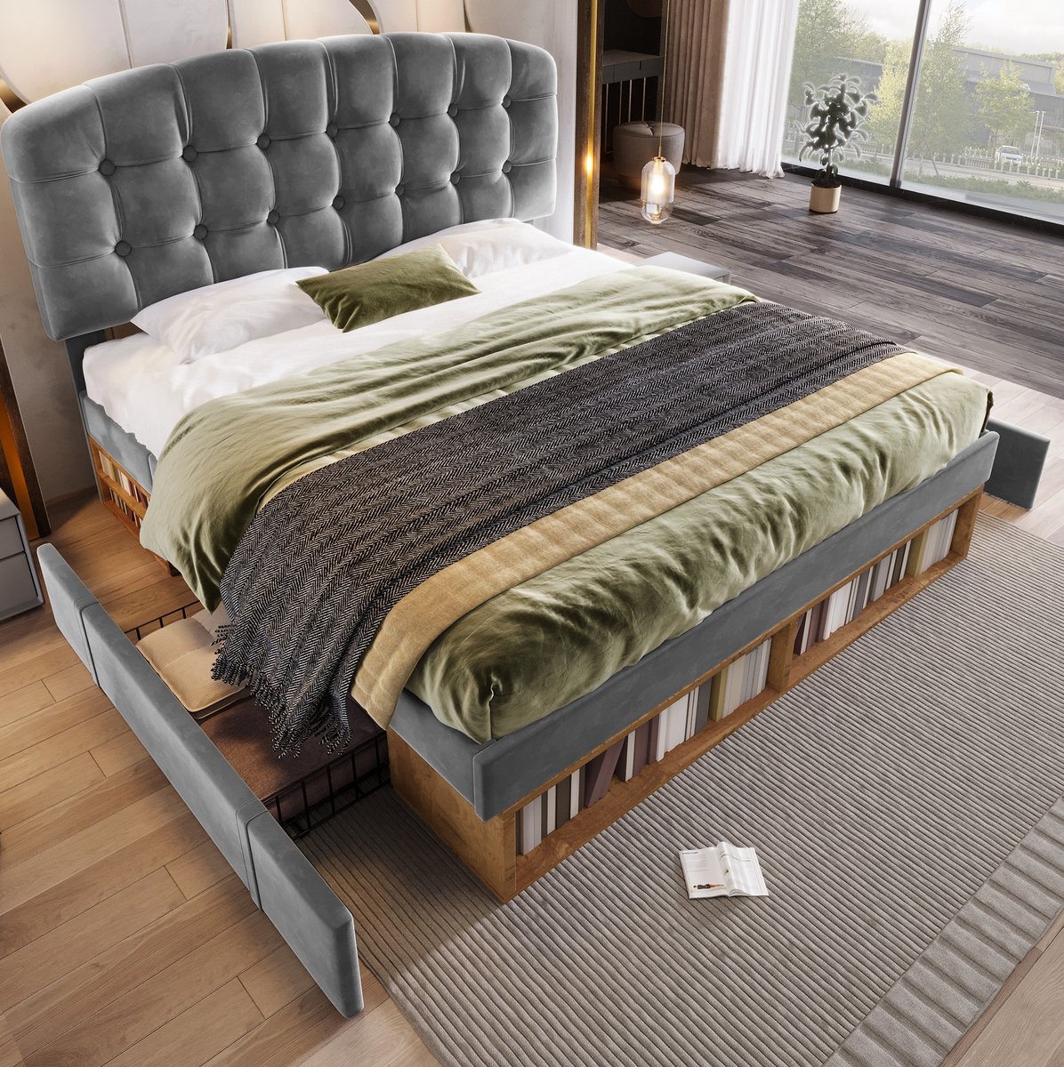 COVREO Bedframe 140x200 cm grijs, verstelbaar hoofdeinde, zonder matras