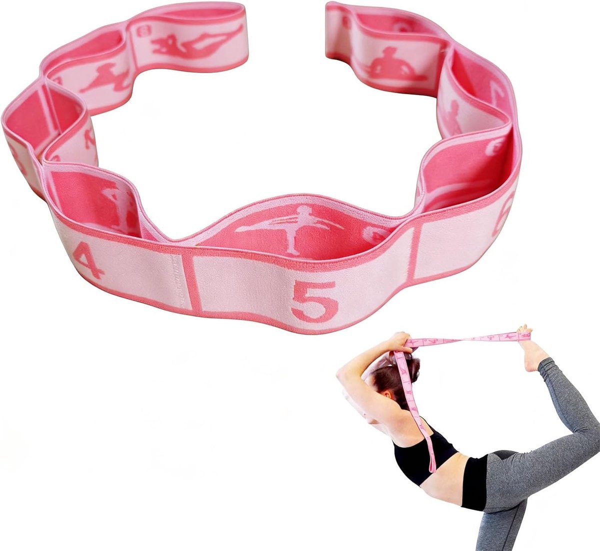 Verstelbare Yoga Stretch Band met 8 Lussen, Hoge Elasticiteit voor Pilates, Dans en Fitness Oefeningen