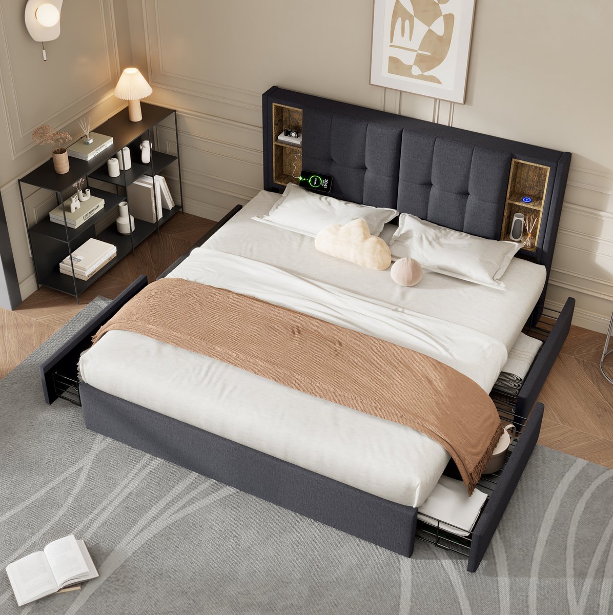 COVREO Bedframe 160x200 cm – grijs, met opbergruimte, zonder matras