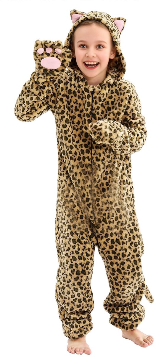 SnelShoppen - AUYAO Kinderen Dieren Luipaard Kat Kostuums voor Meisjes en Jongens, Kat Bodysuit Outfit met Luipaard Print en Oren, Jumpsuit Cosplay vo