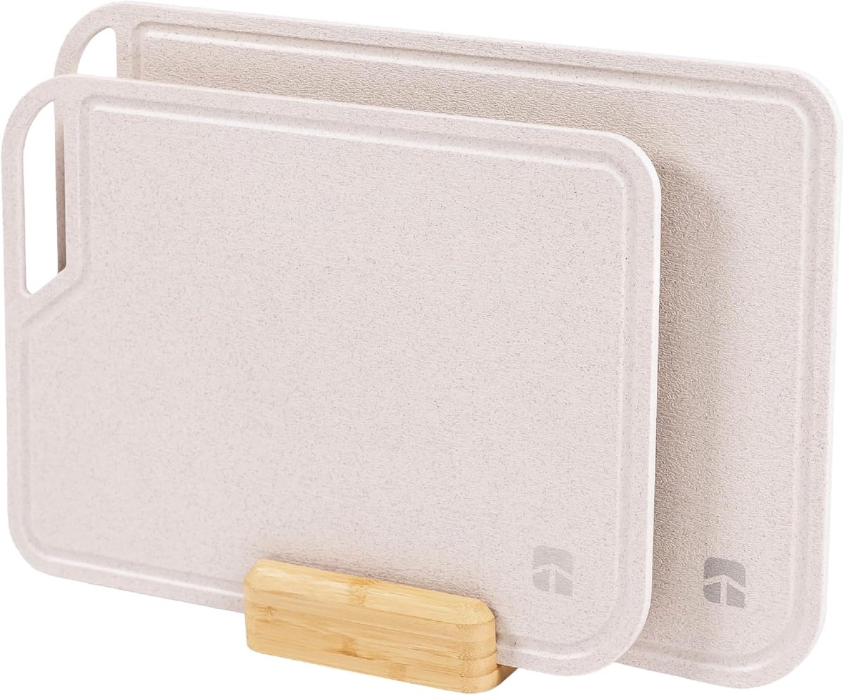 SnelShoppen - 2-delige Rijstvezel Snijplank Set met Bamboe Standaard, Snijplanken met Sapgroeven en Handgrepen, Keuken Accessoires voor Koken en Voorb