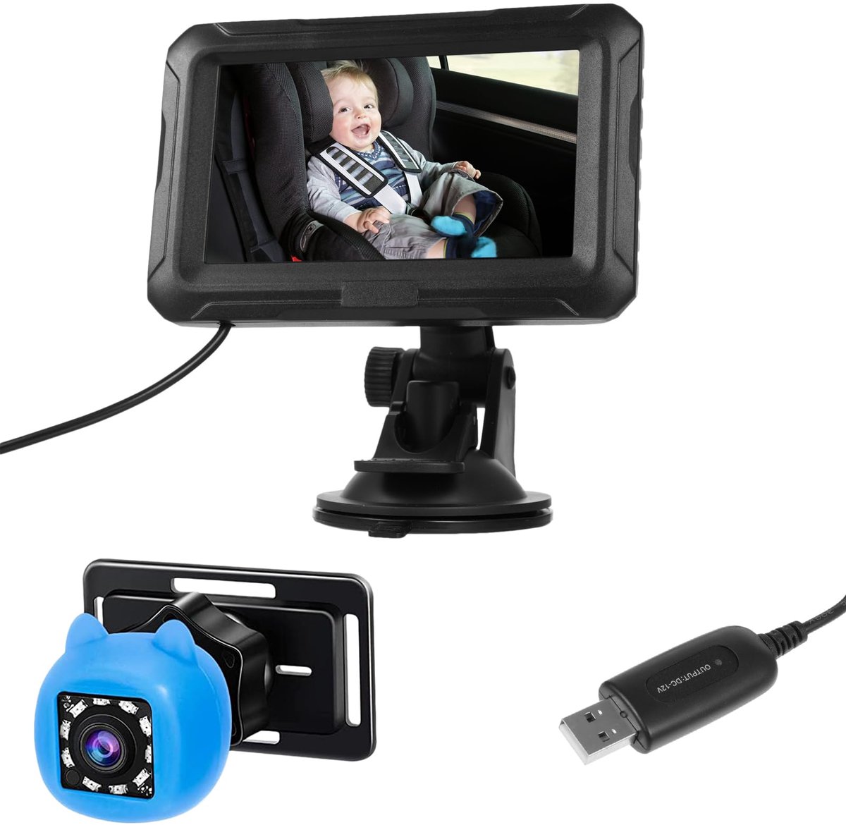 SnelShoppen - Yechiry Baby-autocamera HD 1080P - 4,3-inch HD Baby-autospiegel met Camera, USB-stekkermonitor, Nachtzicht, 360 Rotatie voor Baby's, Kin